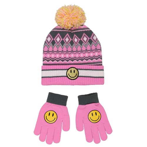 Yankee Toybox Big Kids Smiley Face Knit Pom Hat and Gloves Set (One Size, Pink)