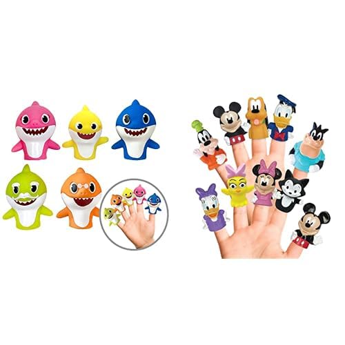 Baby Shark 5 Pc Finger Puppet Set & Disney Mickey & Friends 10 Pc Finger Puppet Set - Bath Toys