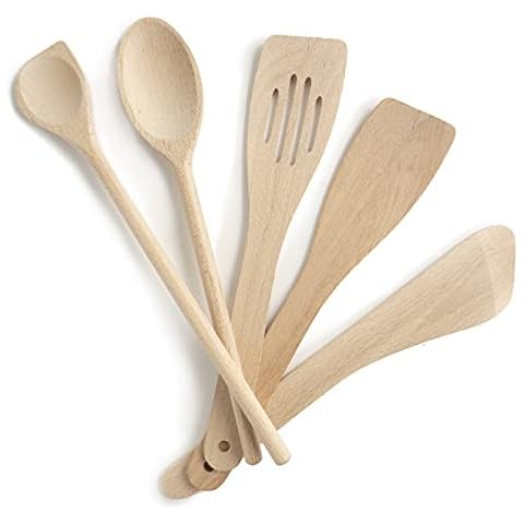 Wooden kitchen utensils, Set of 5, complete set, Made in EU, 1 large sauce spoon 30cm, 1 mortise spatula 30cm, 1 bevelled spatula 30cm, 1 pastry blender, 1 curved spatula 30cm Cover