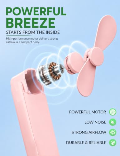 Image of EcoNour Pocket Fan, Pink, Mini Handheld Personal Fan, 3-Speed Portable Cooling Fan for Travel, Office & Outdoor