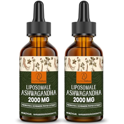 Liposomale Ashwagandha-Tropfen 2000mg Natürlicher Ashwagandha-Wurzelextrakt mit Schwarzem Pfeffer und Probiotika Vegan (60 ml (2er Pack))