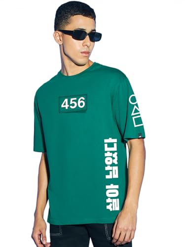 Image of Bewakoof X Squid Game Men's Cotton Graphic Print Oversized Fit Half Sleeve Round Neck T-Shirt | Casual Wear | Street Wear | Oversized t Shirt for Men Cotton | Baggy