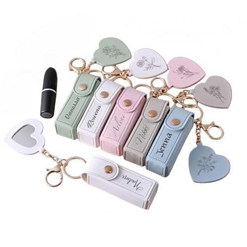 Porte-clés en cuir personnalisé pour rouge à lèvres avec miroir, fleur de naissance, baume à lèvres, mini étui de rangement portable de voyage pour rouge à lèvres, gloss à lèvres, parfum, cadeau pour