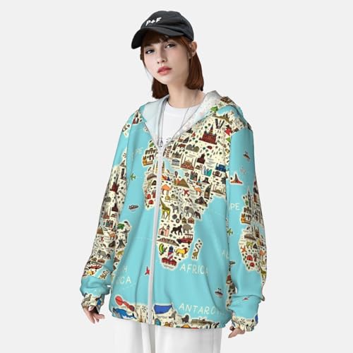 VOSERY World Travel Line Icons Map Sun Protection Zip Up Hoodie Jacket Lightweight Long Sleeve Sun Shirt for Women Men4