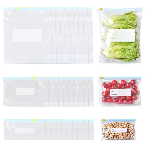 30 Piezas Bolsas de Almacenamiento de Alimentos, Bolsas Congelacion Reutilizables,3 Tamaños, HerméTicas, Resistentes y De PláStico, Sin BPA, con Cremallera, Para Fruta Verduras Carne Sándwich