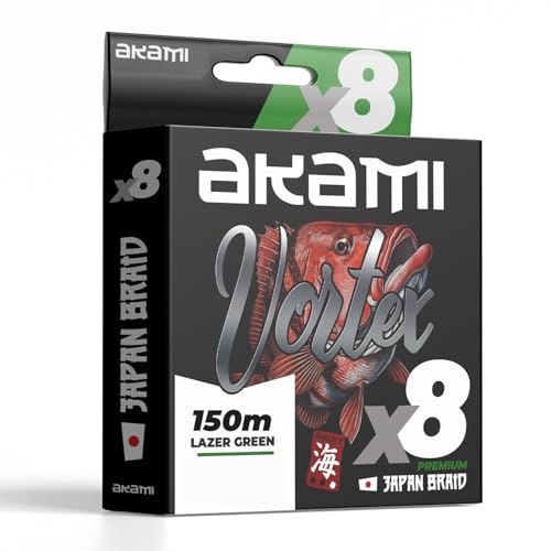 Akami VORTEX X8 GREEN Trecciato PE 8 Capi – Multifibra Giapponese Alta Resistenza – Ideale per la Pesca a Spinning, Shore Jigging, Light Jigging, Eging, Pesca a fondo (GREEN, 0.18 MM - 150 MT)