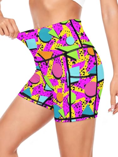DROEYROEST Neon 80s 90s High Waisted Biker Shorts for Women Tummy Control Athletic Running Sports Workout Yoga Shorts with Pockets M