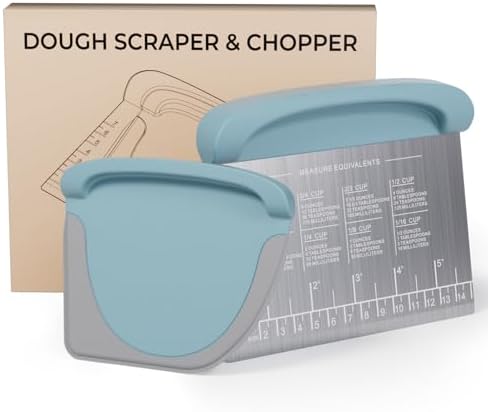 2 IN 1 Upgrade Bench Scraper, Dough Scraper for Pastry Bread Cake Pizza, Stainless Steel Dough Cutter with Conversion Chart & Measuring Scale, Bowl Scraper Food Scraper for Kitchen Baking, Blue