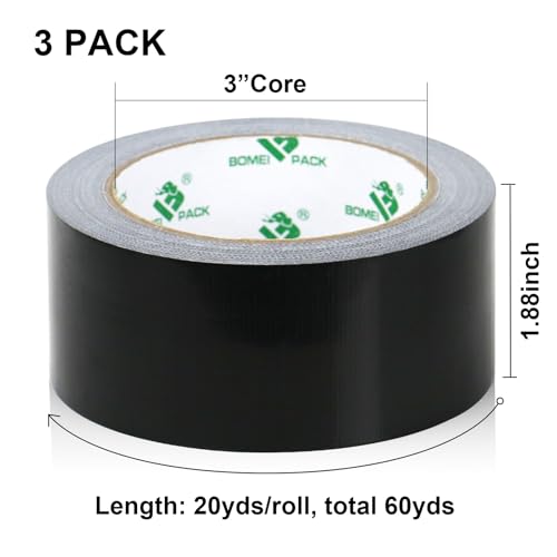 BOMEI PACK 3Pack Black Duct Tape 1.88 inch, Industrial Grade1.88 inches x 20 Yards (66 ft), 9 Mil Heavy-Duty, Waterproof, UV Resistant for Crafts & Home Improvement by BOMEI PACK - Image 3