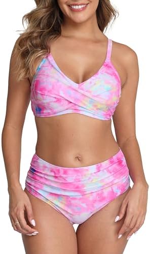 Halcurt Women's Bikini Sets Twist Front Swim Top with Ruched Tummy Control Bottom Two Piece Swimsuit