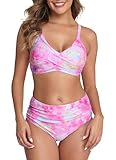 Halcurt Women's Twist Front Two Piece Swimsuit Mid Waisted Ruched Bikini Set Pink S