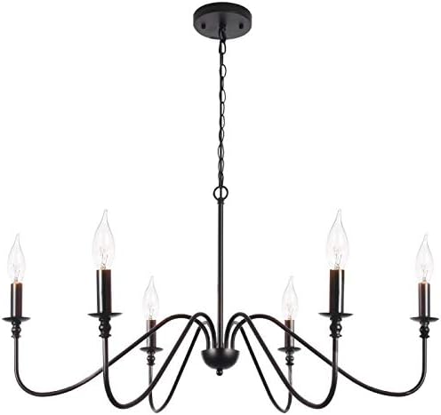 T&A Black 6-Light Chandeliers,Classic Candle Ceiling Pendant Light Fixture,Wrought Iron Farmhouse Chandelier Kitchen Island Dining Room Living Room