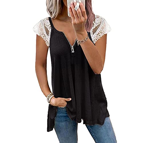 Janepam Women T-Shirt for Summer Tops Waffle Cap Sleeve Lace Raglan V-Neck Zipper Plus Size Tee Blouse(L,E Black)
