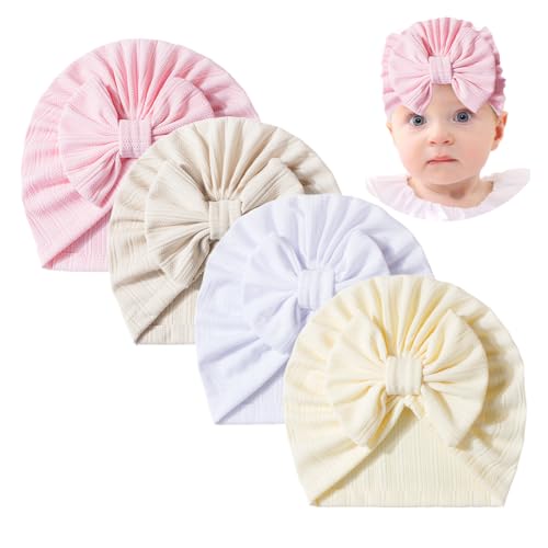 4PCS Newborn Baby Bow Knot Turban Hat Infant Toddler Hospital Hat Cotton Head Wrap Beanie Cap for Baby 0-24 Months, Style 1