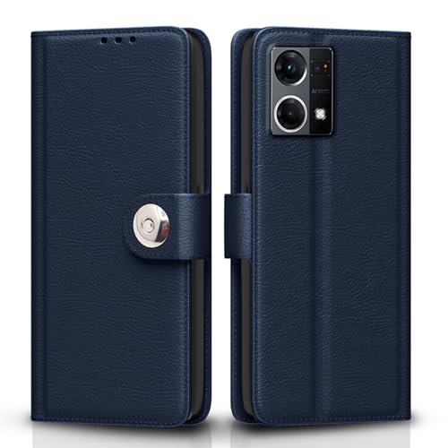 Image of Pikkme Flip Cover Leather Finish | Inside TPU with Card Pockets | Wallet Stand and Shock Proof | Complete Protection Button Flip Case for Oppo Reno 7 5G (Blue)