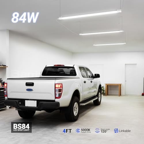 Image of Barrina BS84 LED Shop Lights for Workshop 4FT, 84W, 10000LM, 5000K Linkable Light Fixture for Garage, Basement, Hanging or Flush Mount, 4 Packs, White