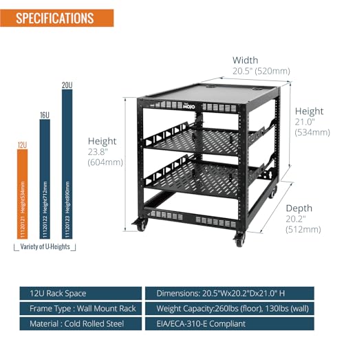 TECMOJO 12U Open Frame Network Rack for IT & AV Gear, 4-Post With Casters, Mobile With 2 PCS 1U Server Shelf & Mounting Hardware, for 19" Network, Audio and Video Device