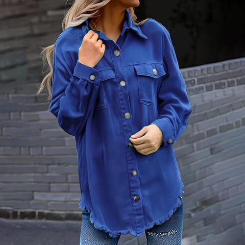 Oversized Denim Jacket for Women Trendy Boyfriend Button Down Frayed Hem Jean Jackets Lightweight Shirt Fall Outfits2