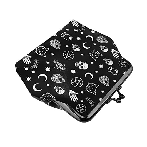 Halloween Gothic Skull Cat Moon Leather Coin Purse Small Kiss-Lock Change Pouch Clasp Closure Buckle Wallet For Women Girl #TOP2