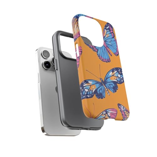 Coque iPhone 14 Pro papillons bleus et roses rigide mate orange contre traces et chocs