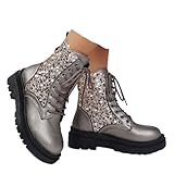 Women's Silver Glitter Sequin Combat Boots - Lace Up Sparkly Ankle Booties with Side Zipper Chunky Low Heel (Black,7.5)