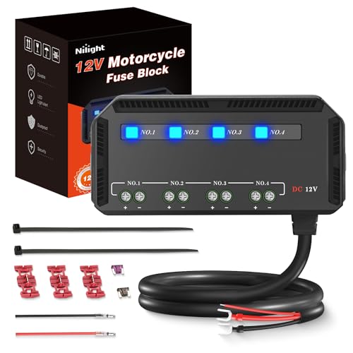 Nilight 12V Motorcycle Fuse Box 20A Low Profile Terminal Block Holder w/LED Indicator 4 Circuits Protection Battery Relay for Cars Motorcycles ATV UTV 12 Volt Vehicles