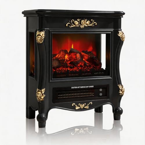 Image of FESTIVITY 18 inch Electric Stove Fireplace, 1500W Thermostat with 5100 BTU Heat Output, Adjustable Flame & Brightness Levels, Portable Electric Fireplace for Bedroom & Living Room-Black & Gold