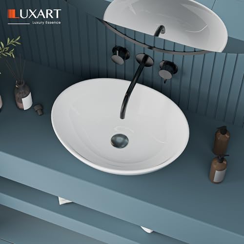 Image of LUXART Tabletop Wash Basin For Bathroom - 17 x 10 x 6.5 Inc Ceramic Glossy White Countertop Washbasin | Vessel Sink For Hotel, Dining Hall, Vanity | Over counter Top Washroom Sink
