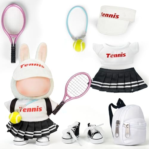 Clothes for Labubu Doll(No Doll)– 7Pcs Outfit Tennis Sports Fashion Accessories with Hat, Top, Pants, Tennis Ball, Racket, Tennis Bag & Sneakers, Fun Gift for Girls & Boys