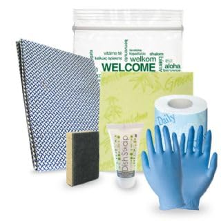 20 Kit di benvenuto KRES208B 6 pezzi .Contiene: Detersivo piatti, spugna piatti, panno pavimenti, panno spugna, guanti in nitrile, rotolo carta igienica.