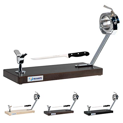 Buarfe Jamonero Jabugo Madera de Haya 47cm Cabezal Giratorio con Cuchillo Jamonero (Tabaco)