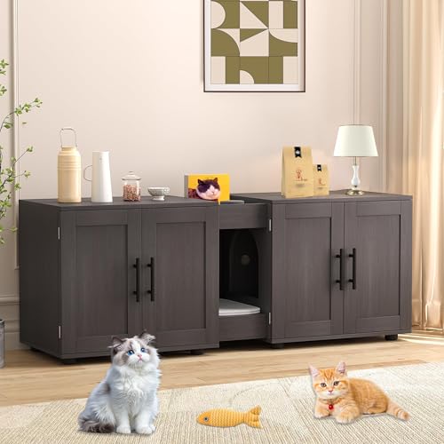 Cat Litter Box Enclosure Furniture for 2 Cats, 55" Large Hiddden Cat Litter Box Enclosure Furniture 3-IN-1 Wooden Cat Litter Cabinet with Barn Door & Double Rooms for Bedroom Living Room, Wa