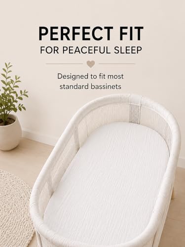 Image of Muslin Bassinet Sheets, 3-Pack 100% Cotton Fitted Bassinet Mattress Sheets, White, Universal Fit 33x17x4