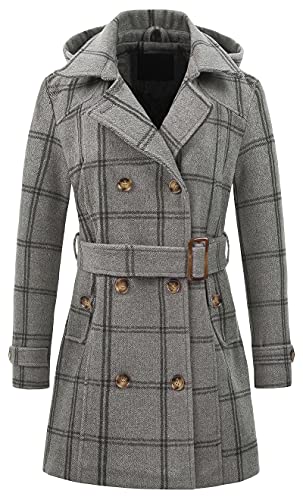 Chrisuno Womens Fall Winter Double Breasted Long Wool Coat Overcoat Grey Plaid L #TOP15