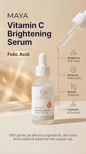 MAYA BEAUTY INSIDE & OUTSIDE MAYA Vitamin C Brightening Serum with Folic Acid, Face Serum for Hydration & Glow, Lightweight Daily Facial Serum, 30ml