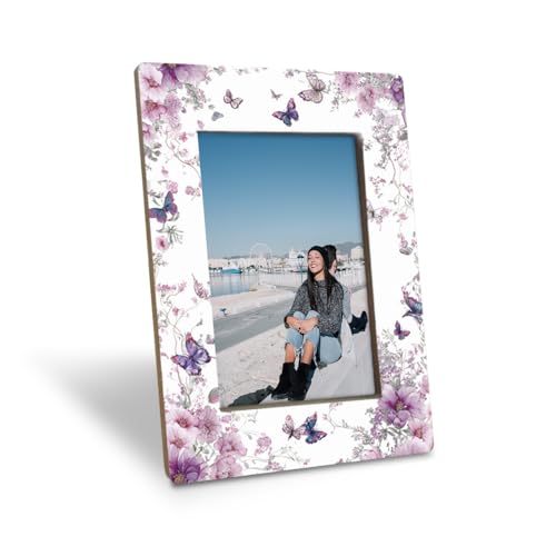 EDQAWN Floral Picture Frame, Purple Blossoms and Butterfly Design Picture
