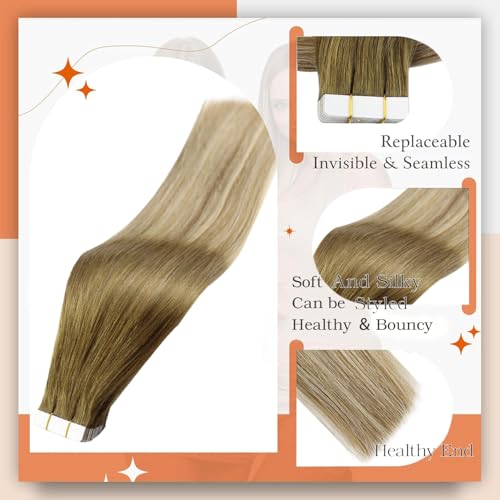 Image of Full Shine Blonde Tape in Human Hair Extensions Color Dark Brown Ombre Ash Brown And Blonde Tape Extensions Real Remy Hair 16 Inch Hair Extensions Tapes in 50Gram Invisible Tape Hair Add Volume 20Pcs