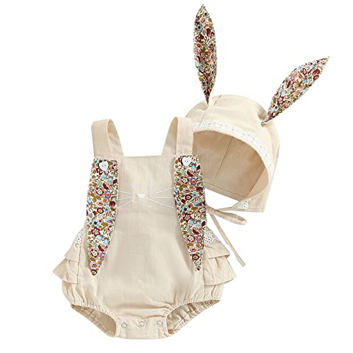Baby Girl Easter Outfit Vintage Onesie Overalls and Bunny Ears/Toddler Dress Sister Mathing Clothes with Tail (Onesie Bunny Beige 0-3 Months)