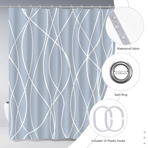 Punkray Light Blue Shower Curtain for Bathroom with Hooks, Shower Curtain Set, White Stripe Bath Curtains Decorative Shower Curtains Water Repellent Washable, 72 x 72 - Thumbnail 5