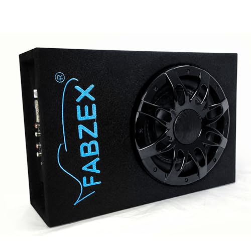 Image of 8 inch Car Active Under-Seat Car Subwoofer, 200W RMS Powered Bass Tube with Built-in Amplifier, Compact Slim Design - Black with Blue Logo