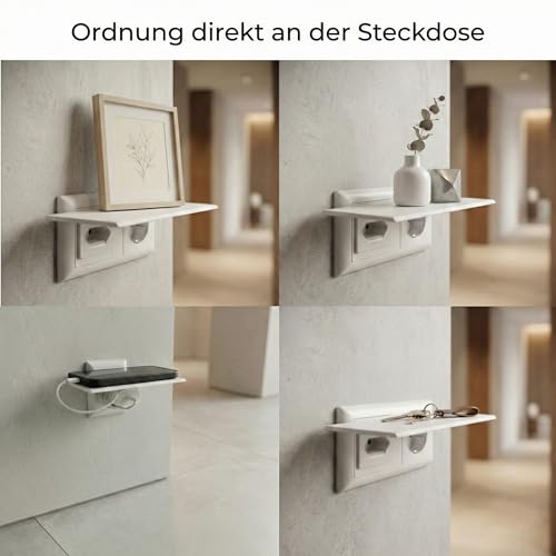 Plugee Steckdosenregal – Universelle Halterung ohne Bohren und Kleben – Praktische Ablage für Elektrogeräte beim Laden – Weiß 1 Stück