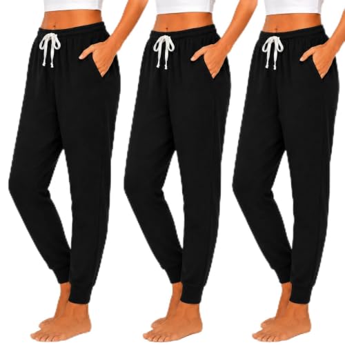 Image of Essential Elements Womens 3 Pack 100% Cotton Joggers Lounge PJ Sweatpants | Soft Breathable Everyday Knit With an Elastic Waist and Tapered Fit, Cozy for Sleep, Workouts and Casual Wear