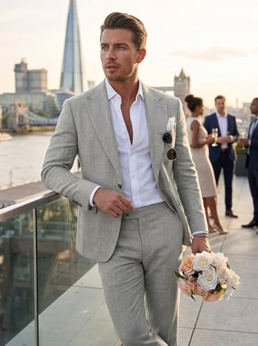 Image of Men's Linen Suit 2 Piece Slim Fit Summer Beach Wedding Prom Party | Breathable,Linen Blazer Suit Set,for Beach Weddings,Groom Wear,Prom and Outdoor Parties,Business Casual,Vacation Daily Wear