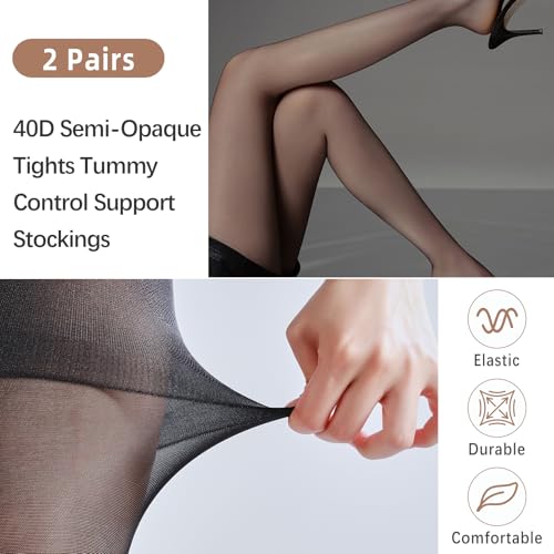 Women's Tights 40D Microfibre Semi Opaque Control Top Pantyhose with Reinforced Toes 2 Pairs4