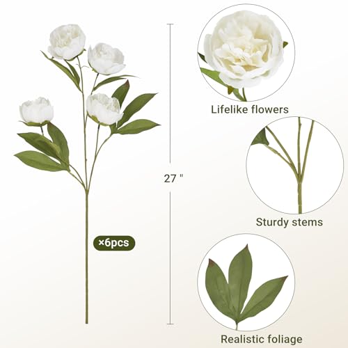 Mkono 6 Pcs Peony Artificial Flowers, 27" Faux Flowers for Vase Silk Flower Bouquet with Stems Fake Floral Arrangements Dining Table Centerpieces for Home Kitchen Party Decor by Mkono - Image 7