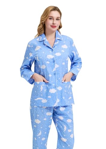 Image of GLOBAL Women Cotton Pajamas Long Sleeve PJs Button Down Sleepwear S-3XL