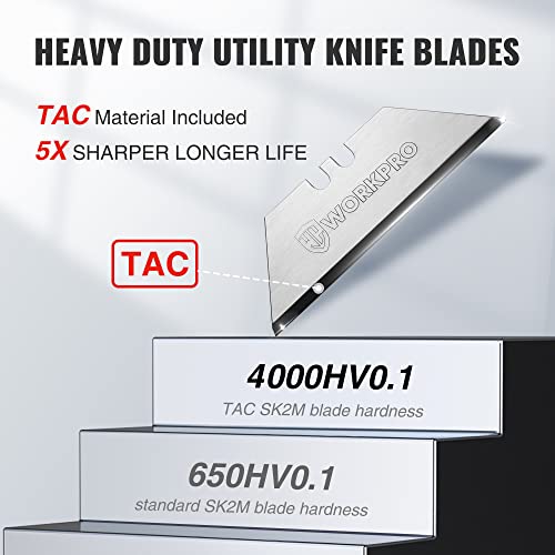 WORKPRO Premium Utility Knife Blades, TAC Diamond Coated SK2M, 50-Pack Utility Blades Replacement with Dispenser