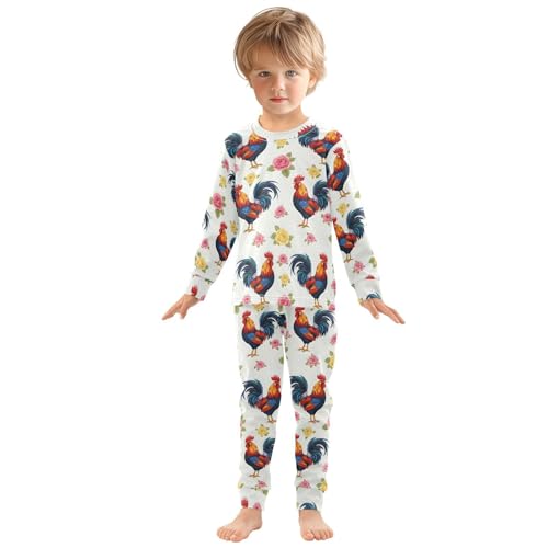 Pajama Sets Long Sleeve Rooster and Roses Pattern Soft Comfy Sleepwear 2 Piece PJS 3-8T2