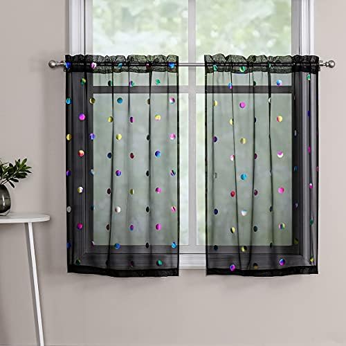 Black Semi Sheer Tiers Curtains for Kitchen 24 inches Long Colorful Metallic Polka Dots Printed Tier Curtains for Cafe Light Filtering Semi Sheer Window Treatment Sets for Bathroom, 28"w 2 Panels