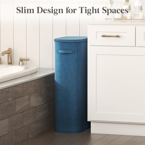 Image of Lifewit Slim Laundry Basket with Lid, Narrow Large Laundry Hamper with Plastic Handles and Removable Bag, Tall Foldable Dirty Clothes Hampers for Laundry Room, Bedroom, Bathroom, Dorm, 75L Dark Blue